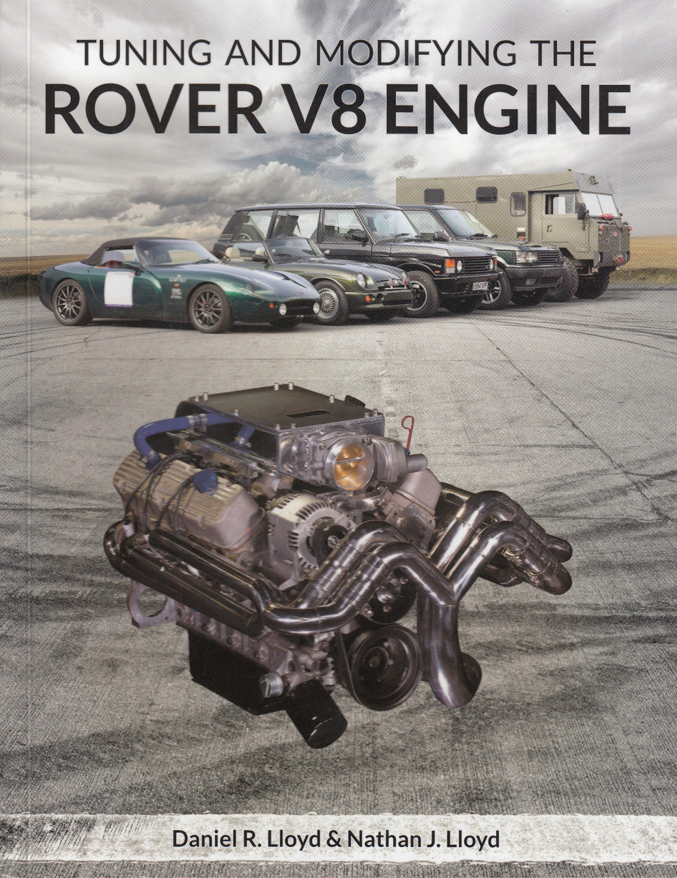 Automotive tuning book cover with V8 engine photo and sports cars, softcover