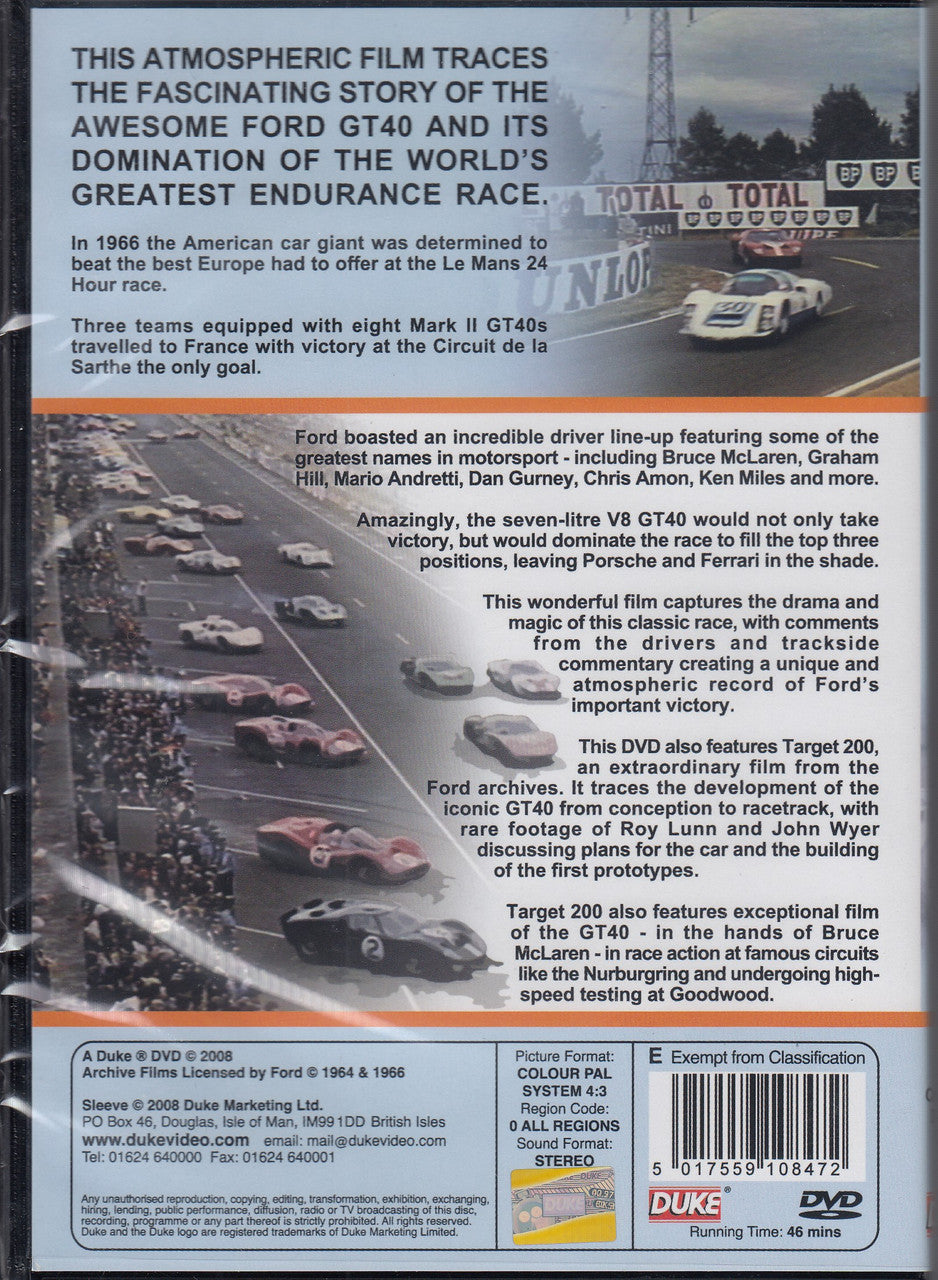 Motorsport DVD back cover with summary, specs table, and classic Ford GT40 images