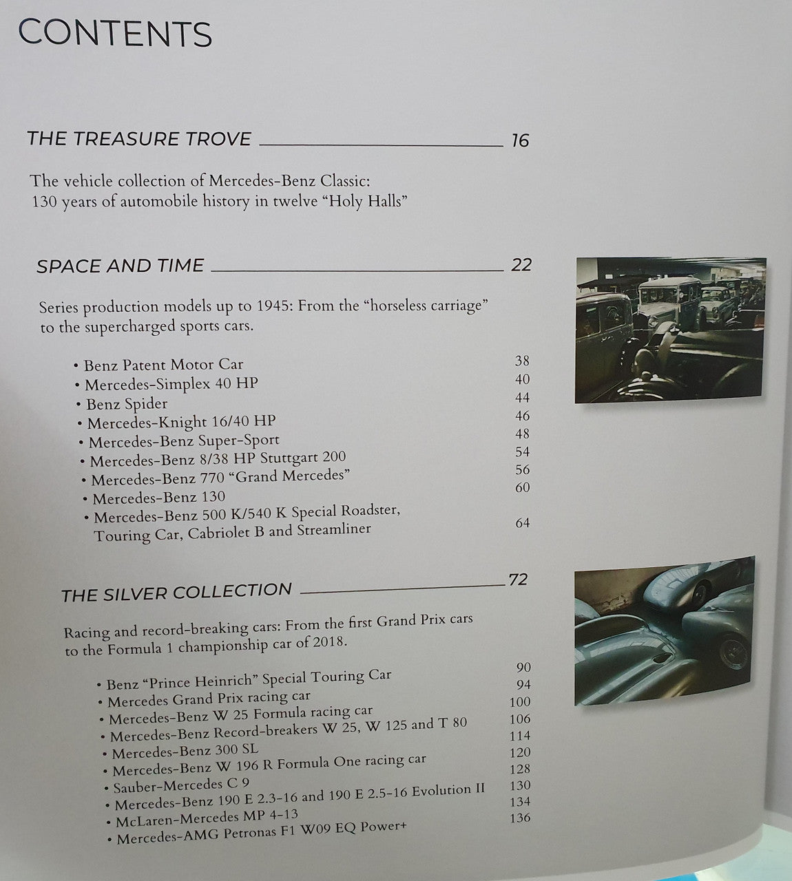 Book contents page with headings and small black-and-white car photo