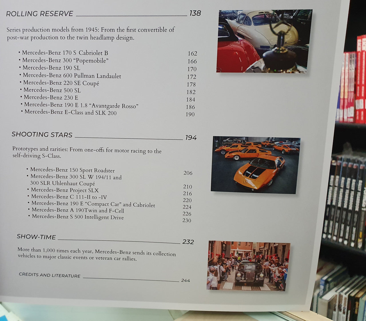 Book contents page with section headings and color car photo cards