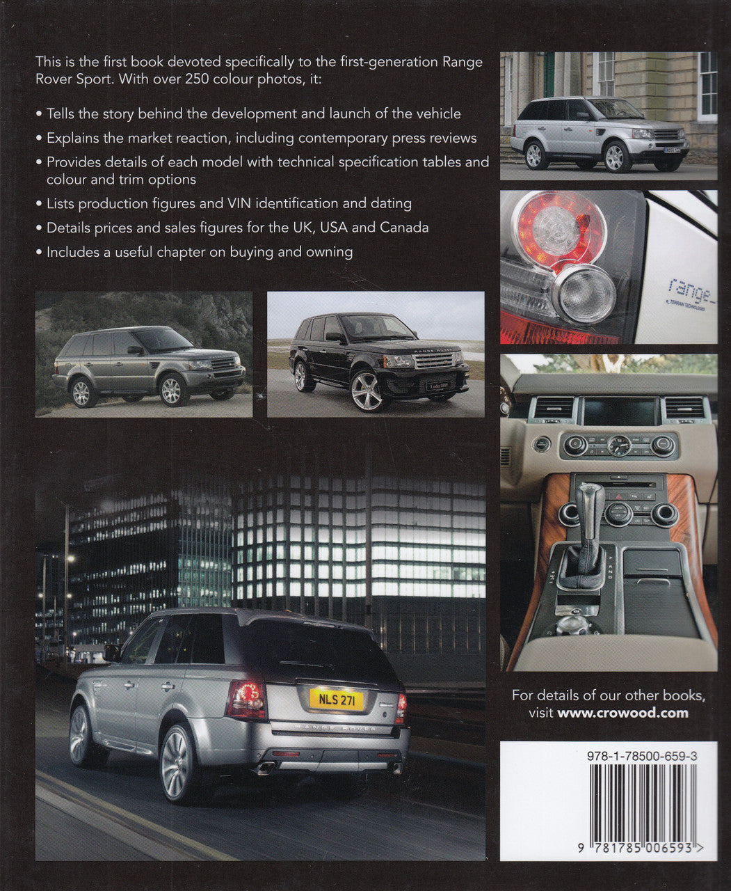 Range Rover Sport 2005–2013 book back cover with car images and feature text