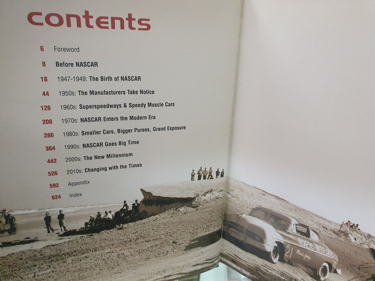 NASCAR history book contents page with red 'contents' title and section list