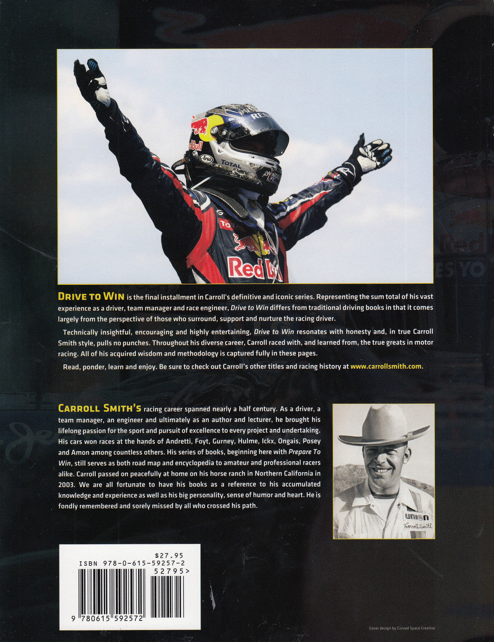 Race driving guide book back cover with text blocks, price tag, author photo