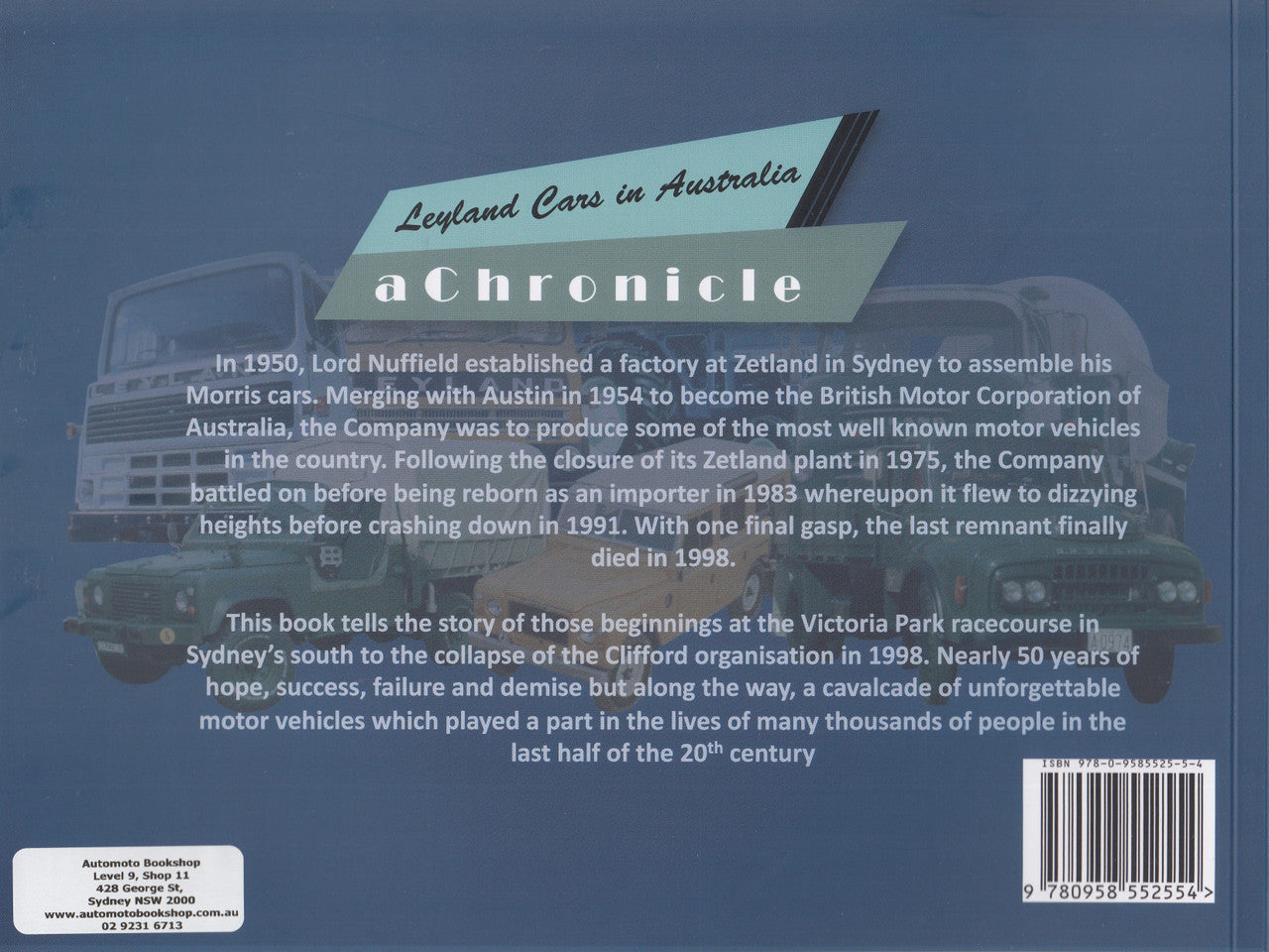 Leyland cars chronicle book back cover with synopsis text and barcode