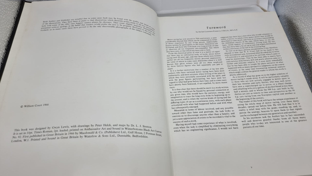 Grand Prix motor racing history book open to foreword pages with paragraphs