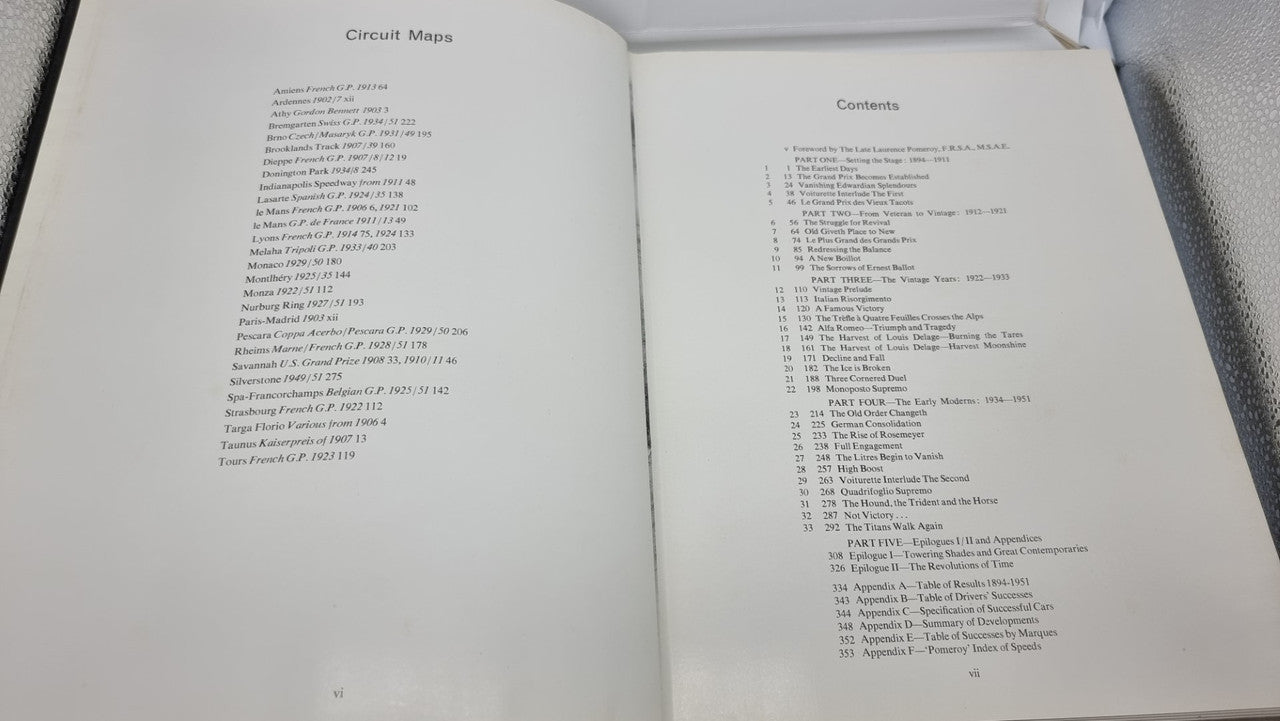 Grand Prix motor racing history book open to contents list on two pages