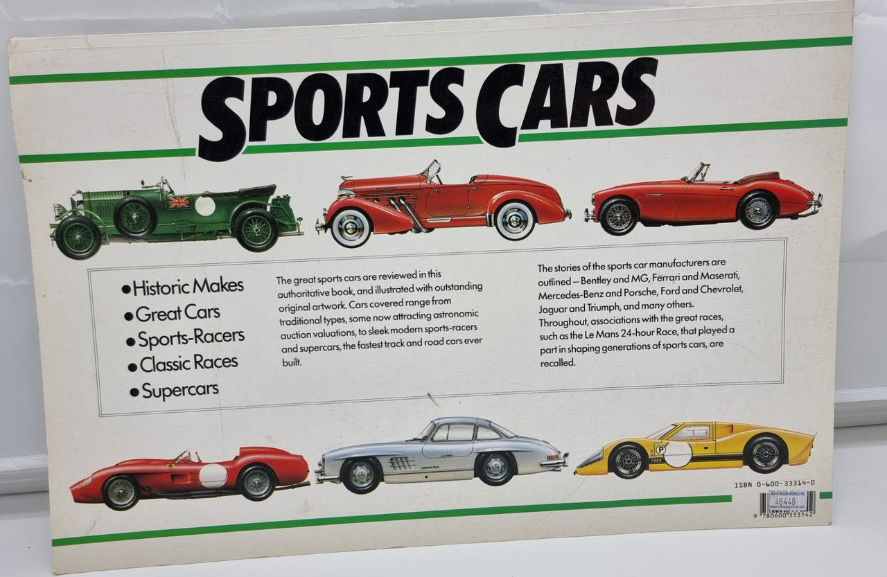 Book cover page with SPORTS CARS title and multiple illustrated racing cars
