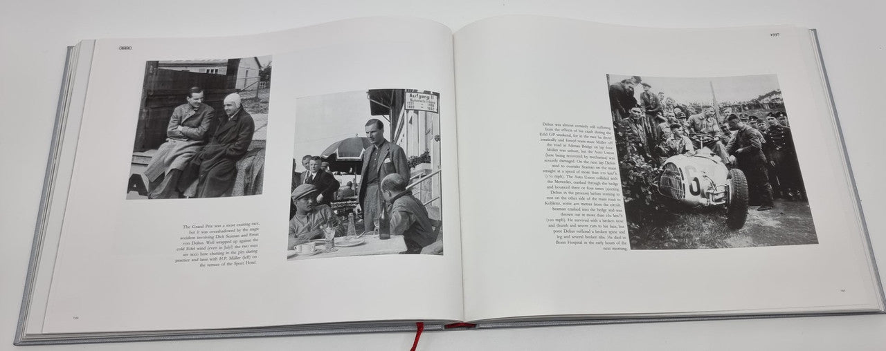 Open photo album spread showing black-and-white racing scenes and captions on both pages