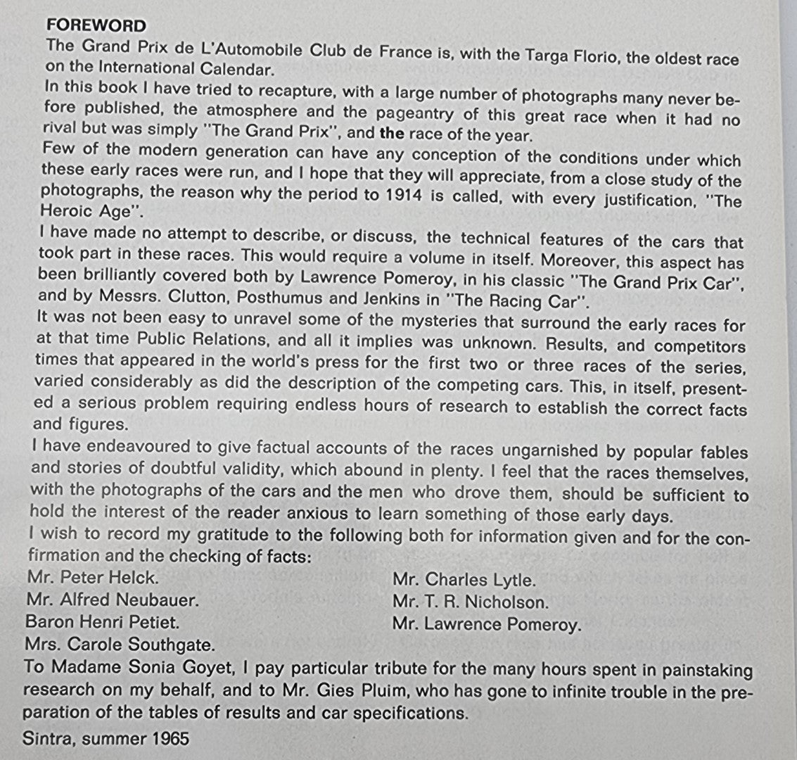 Grand Prix Racing 1906-1914 - A History of the Grand Prix de l'Automobile Club de France (Taso Mathieson, 1965)