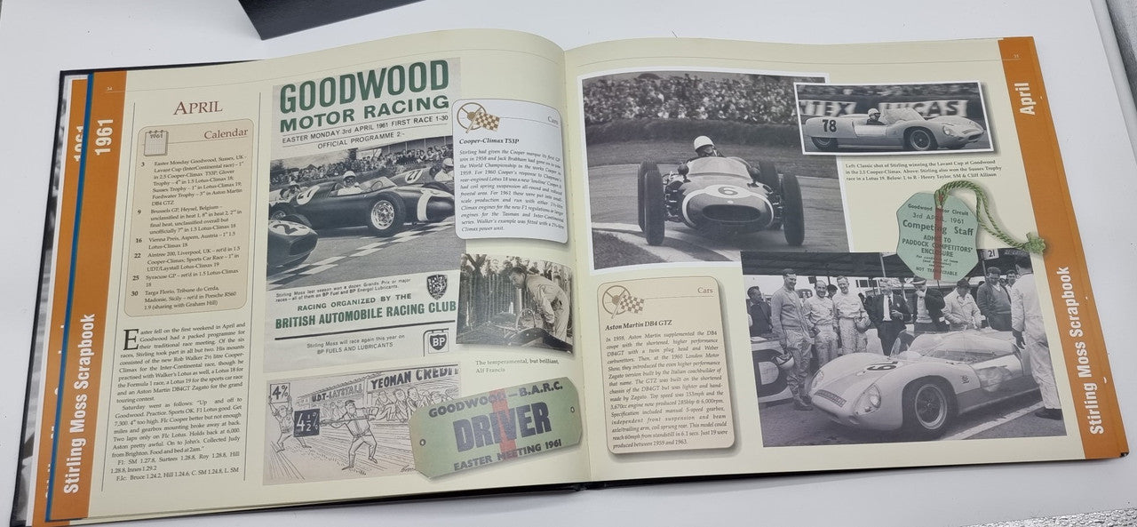 Signed 1961 scrapbook open to racing pages with photos and captions