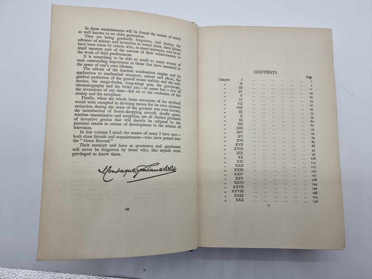 Open book with contents index table on right page