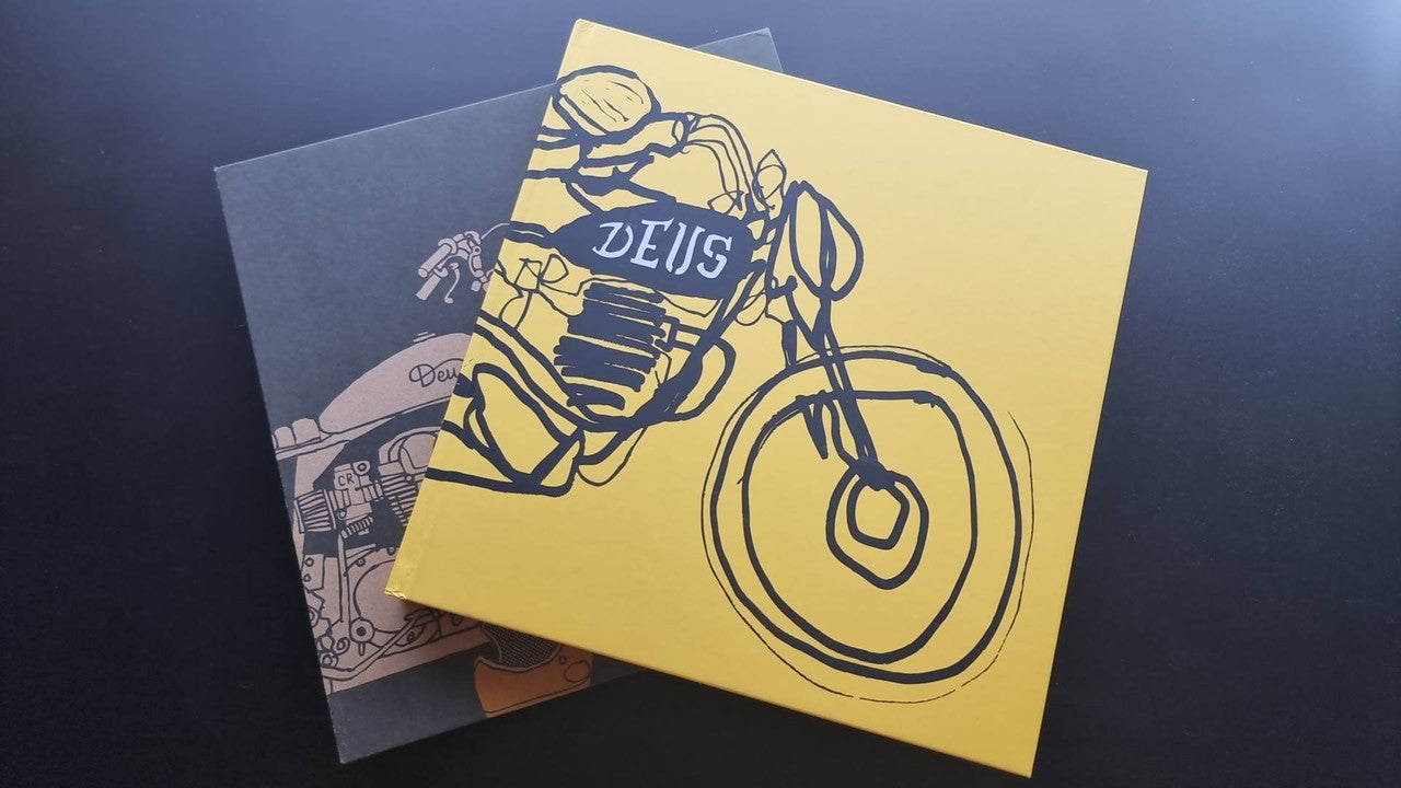 Deus Book (2020) with yellow cover and black line-art motorcycle rider