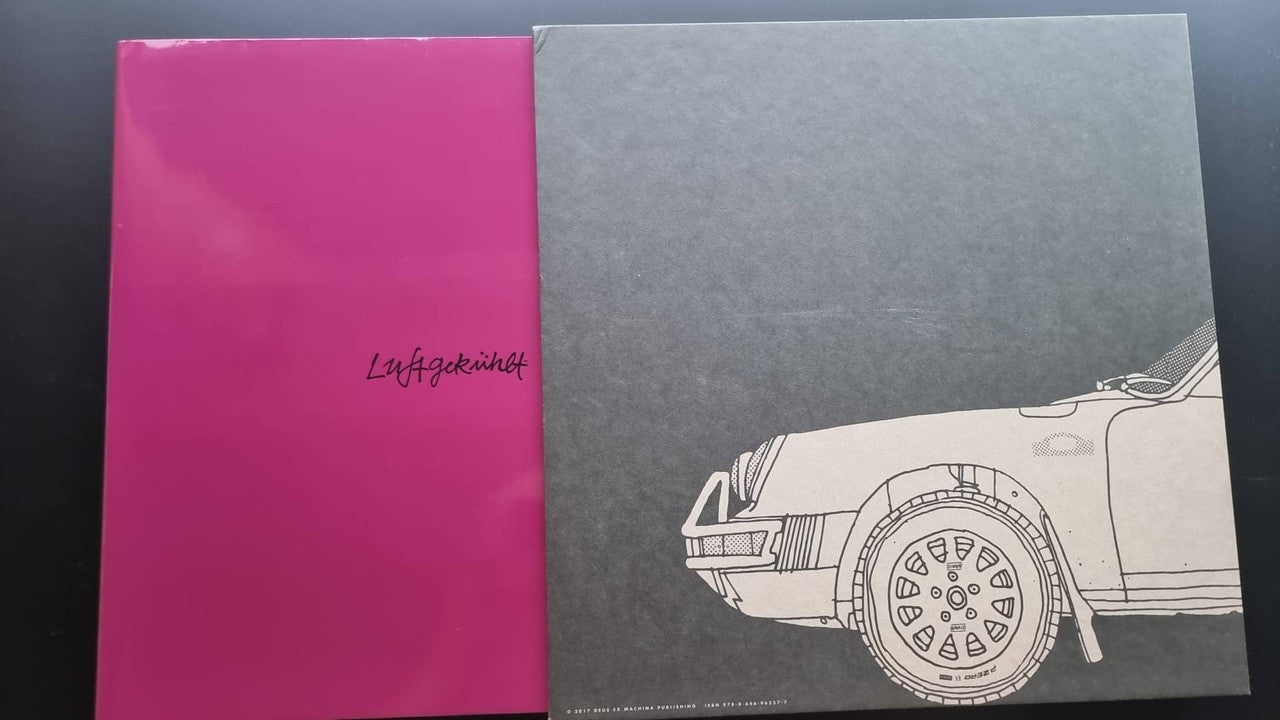 Pink and gray Luftgekuhlt booklet covers with logo and line-art Porsche front