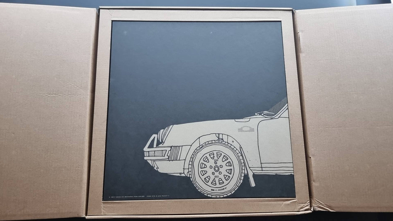 Cardboard box with framed line-art Porsche side profile print