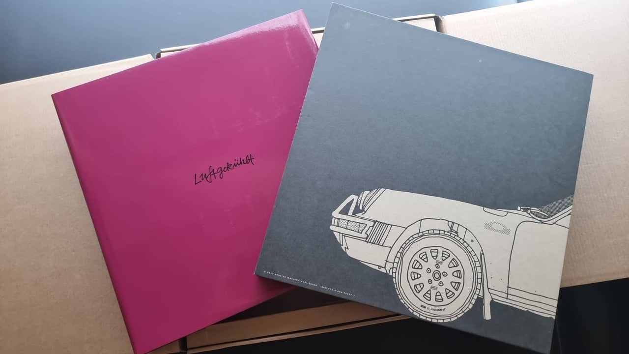 Set of booklet covers: pink and blue folders with Luftgekuhlt logo and car art