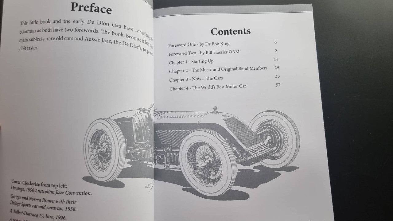 Book contents pages with a black-and-white vintage car line drawing