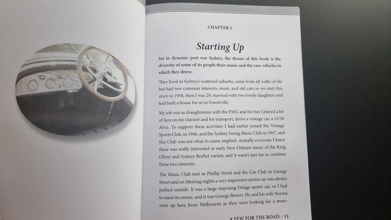 Book chapter page with steering-wheel style car photo in a circle