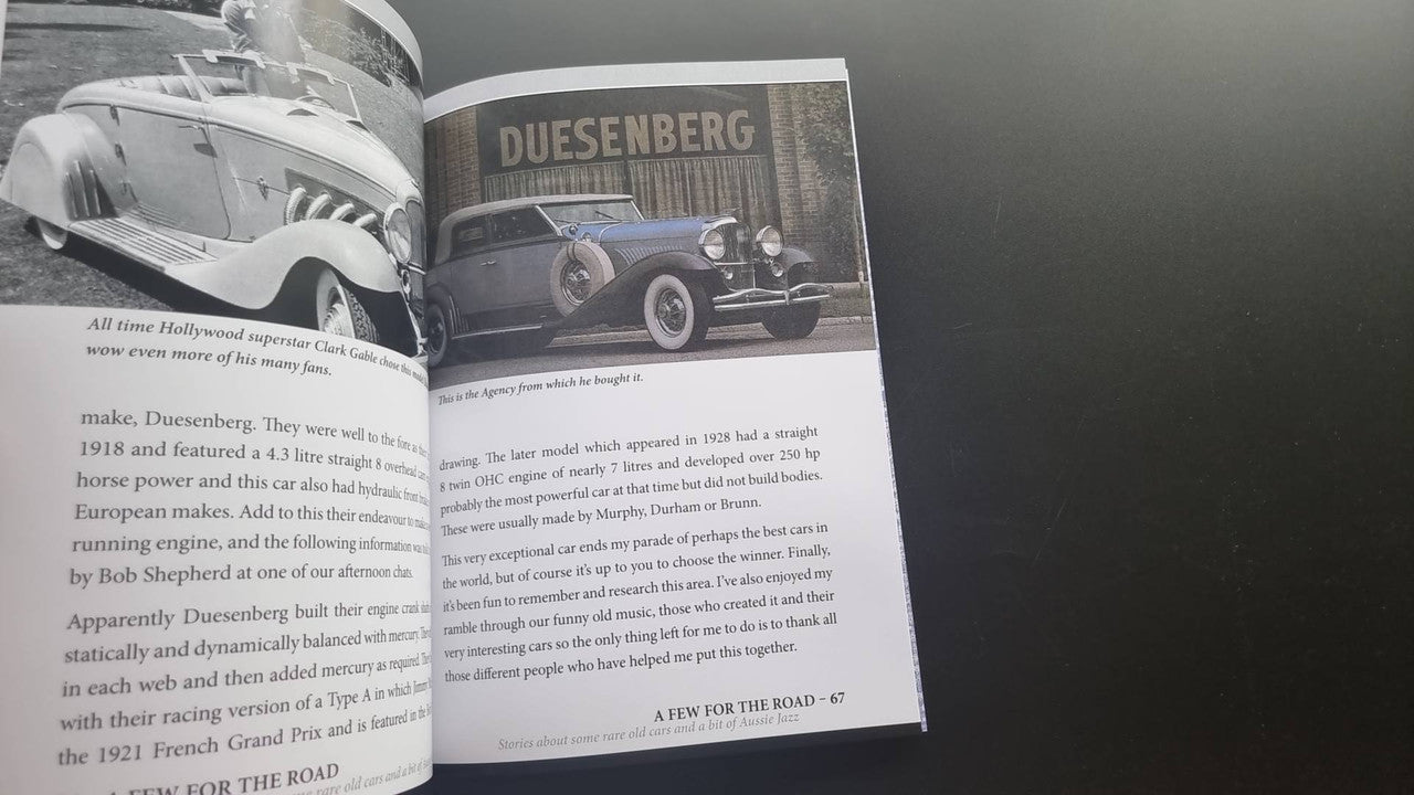 Book spread featuring a Duesenberg car photo and printed text