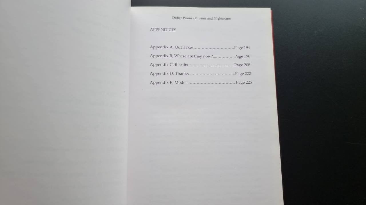 Book appendices list page with entries A to E and page references