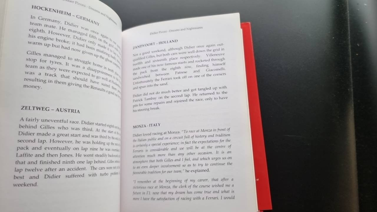 Opened book pages with location headings and columns of paragraph text.