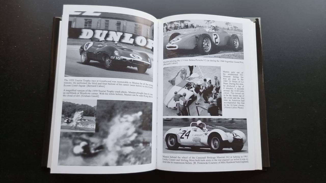 Motorsport photo history book, open spread with black-and-white race car photos and text