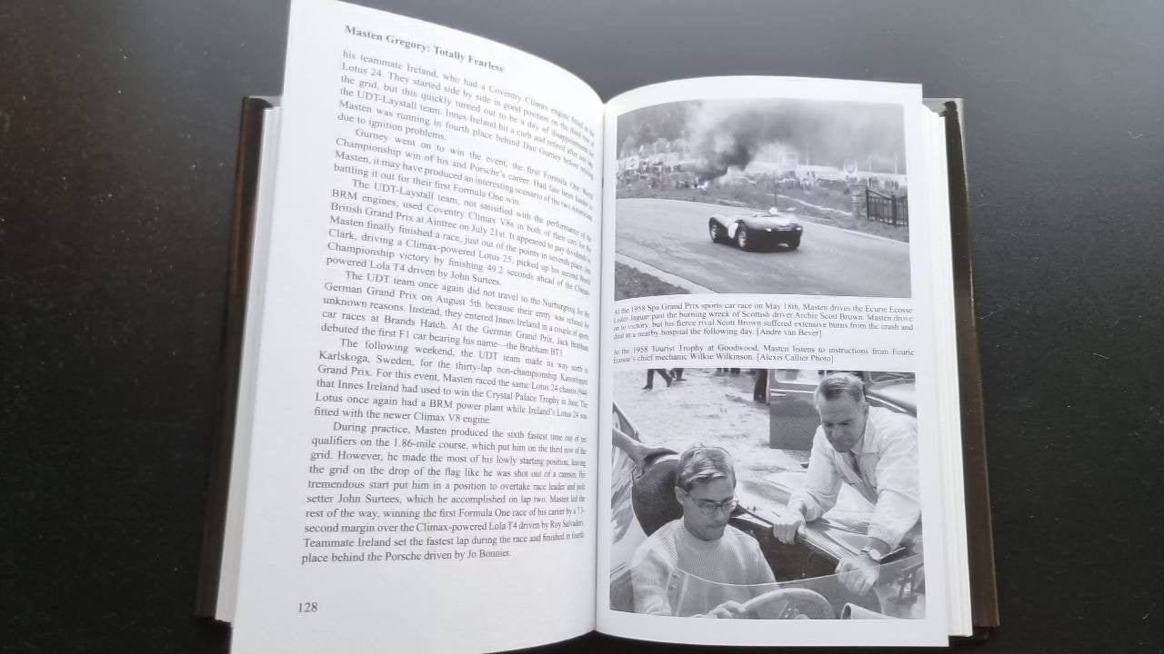 Motorsport photo history book, open spread with race track photos and portrait captions