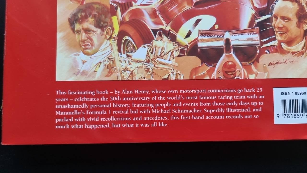 Ferrari racing history book back cover with text and barcode near the bottom right.