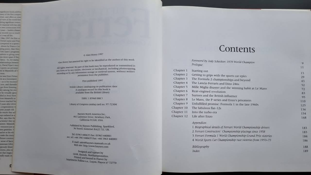 Ferrari racing history book open to Contents page with chapter list layout.