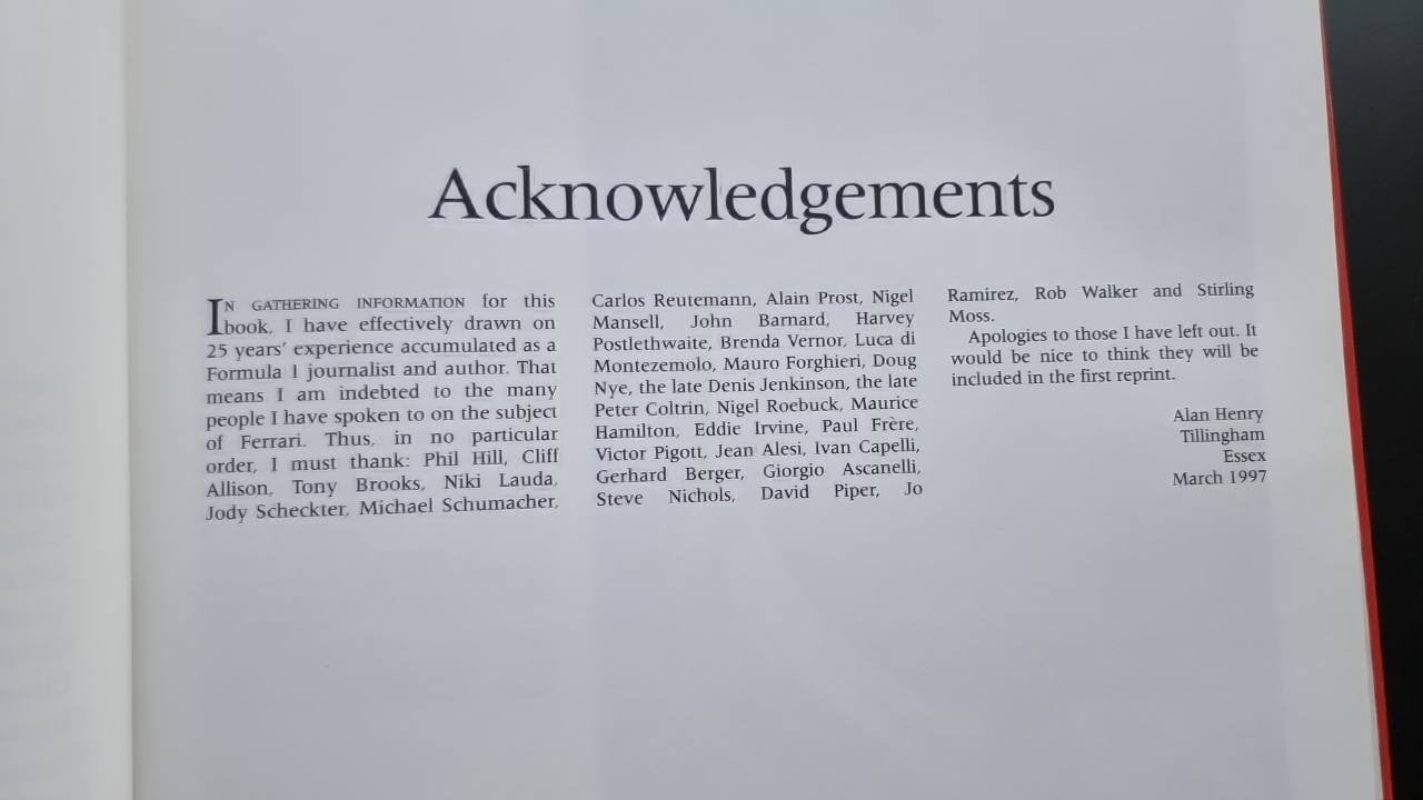 Ferrari racing history book acknowledgements page with names and date.