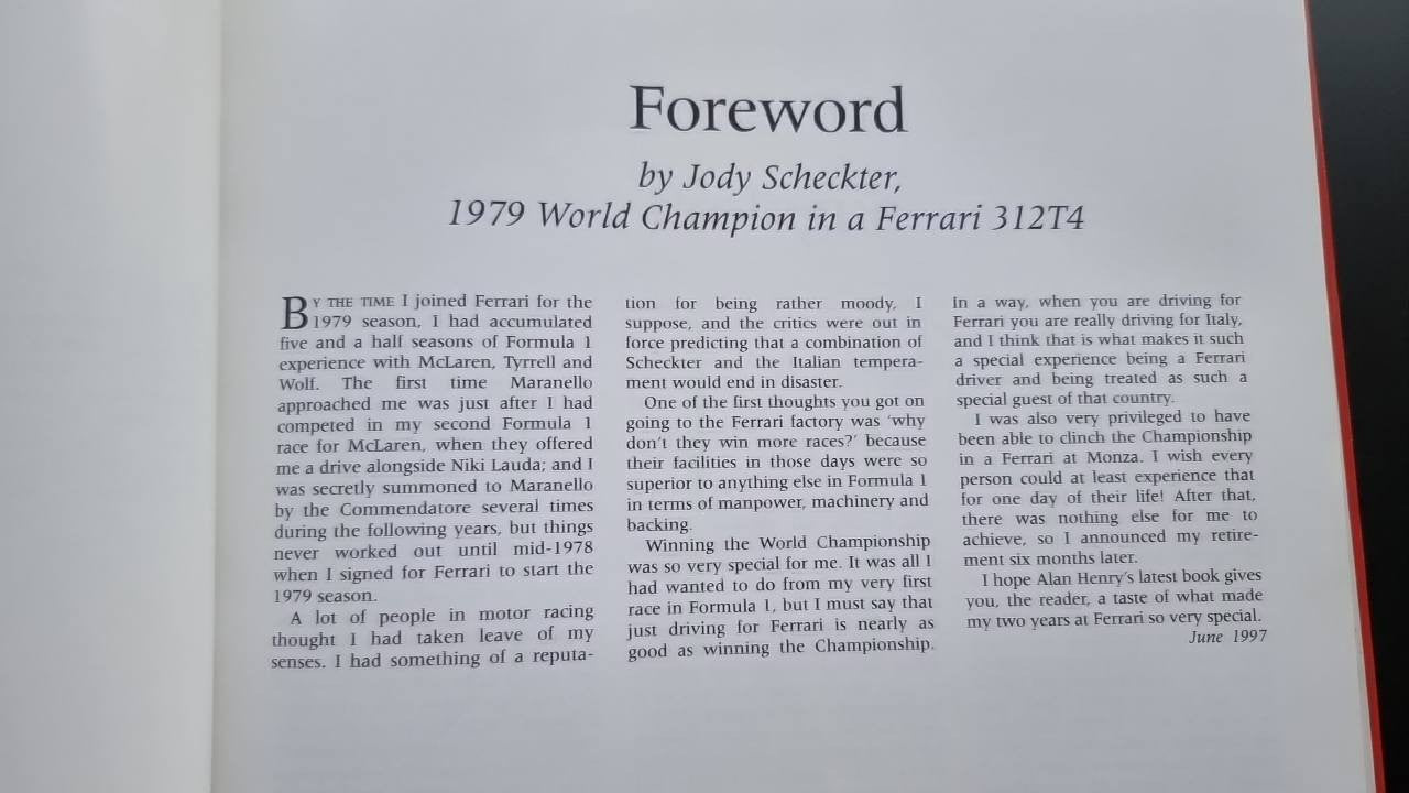 Ferrari racing history book open to Foreword page with paragraph text.
