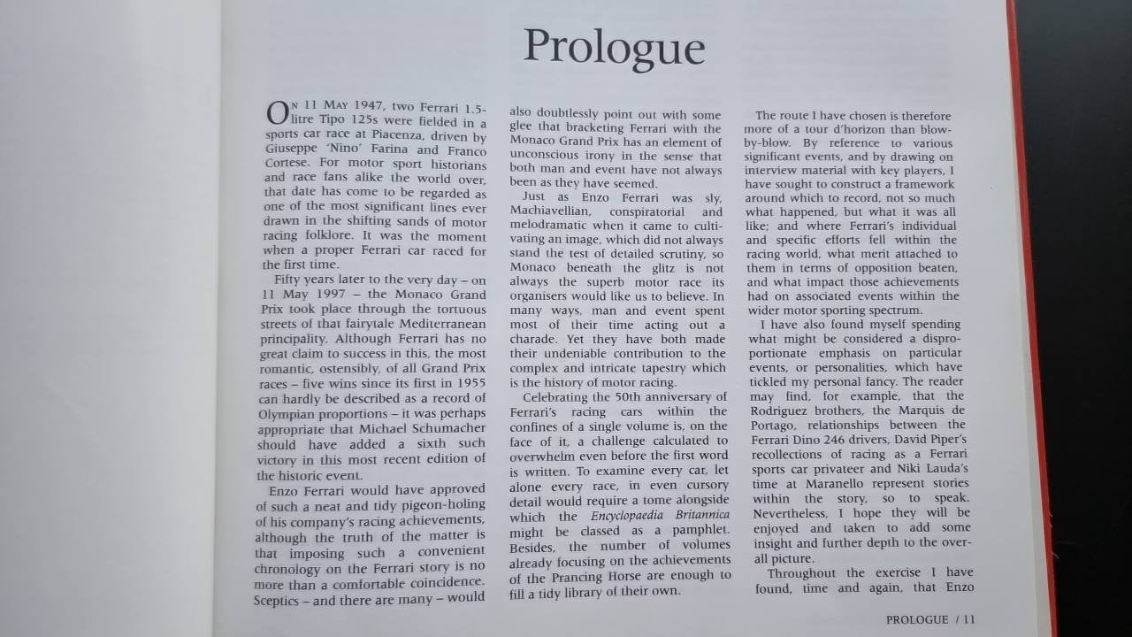 Ferrari racing history book prologue page with heading and dense paragraph text