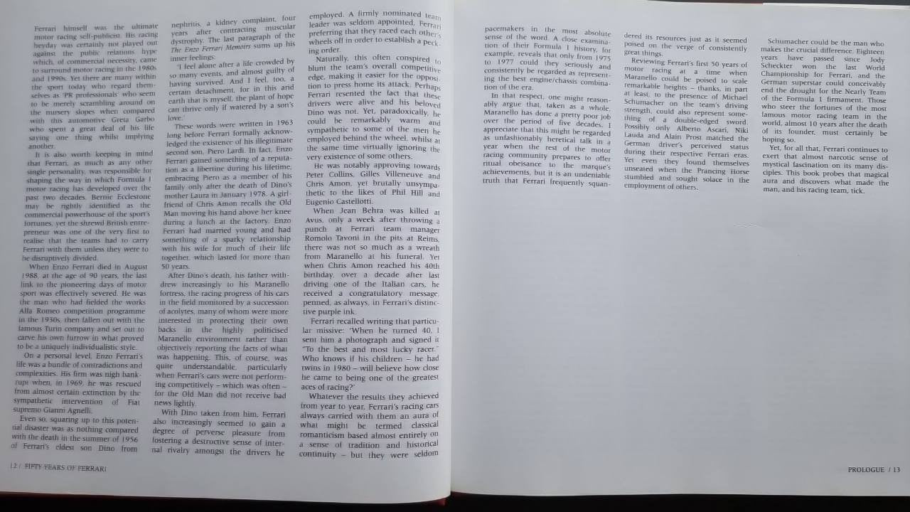 Ferrari racing history book open to dense text pages, two-column layout.