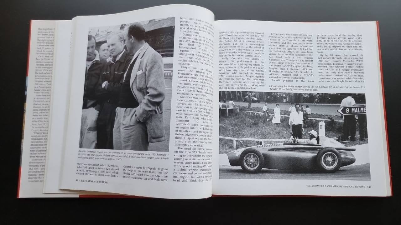 Ferrari racing history book open with black-and-white driver photo and race car photo.