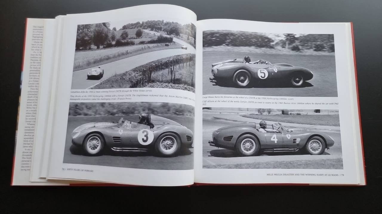 Ferrari racing history book open with four black-and-white race car photos labeled 3 and 4.