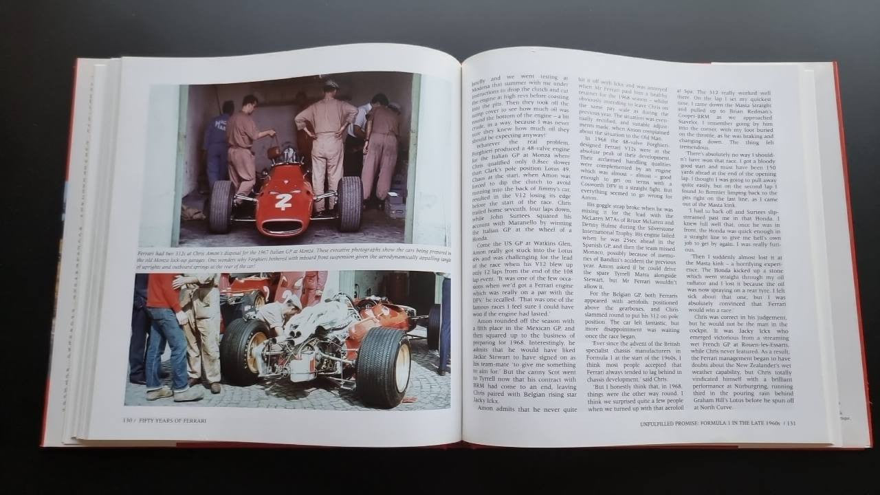 Ferrari racing history book open spread with two race photos and dense text