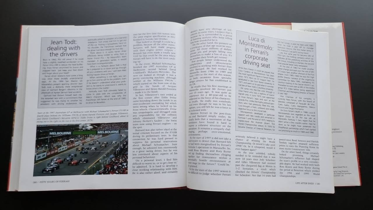 Ferrari racing history book open spread with driver essay text and small race photo