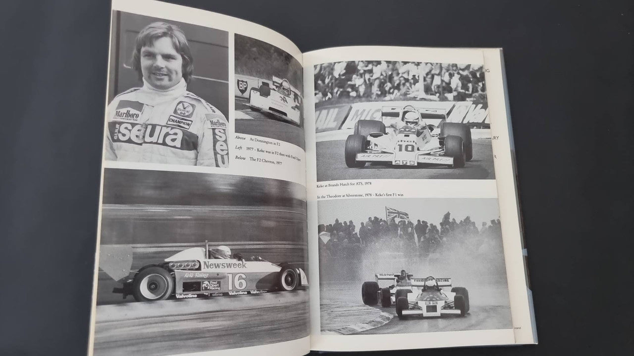 Open book with multiple racing photos and a driver portrait page