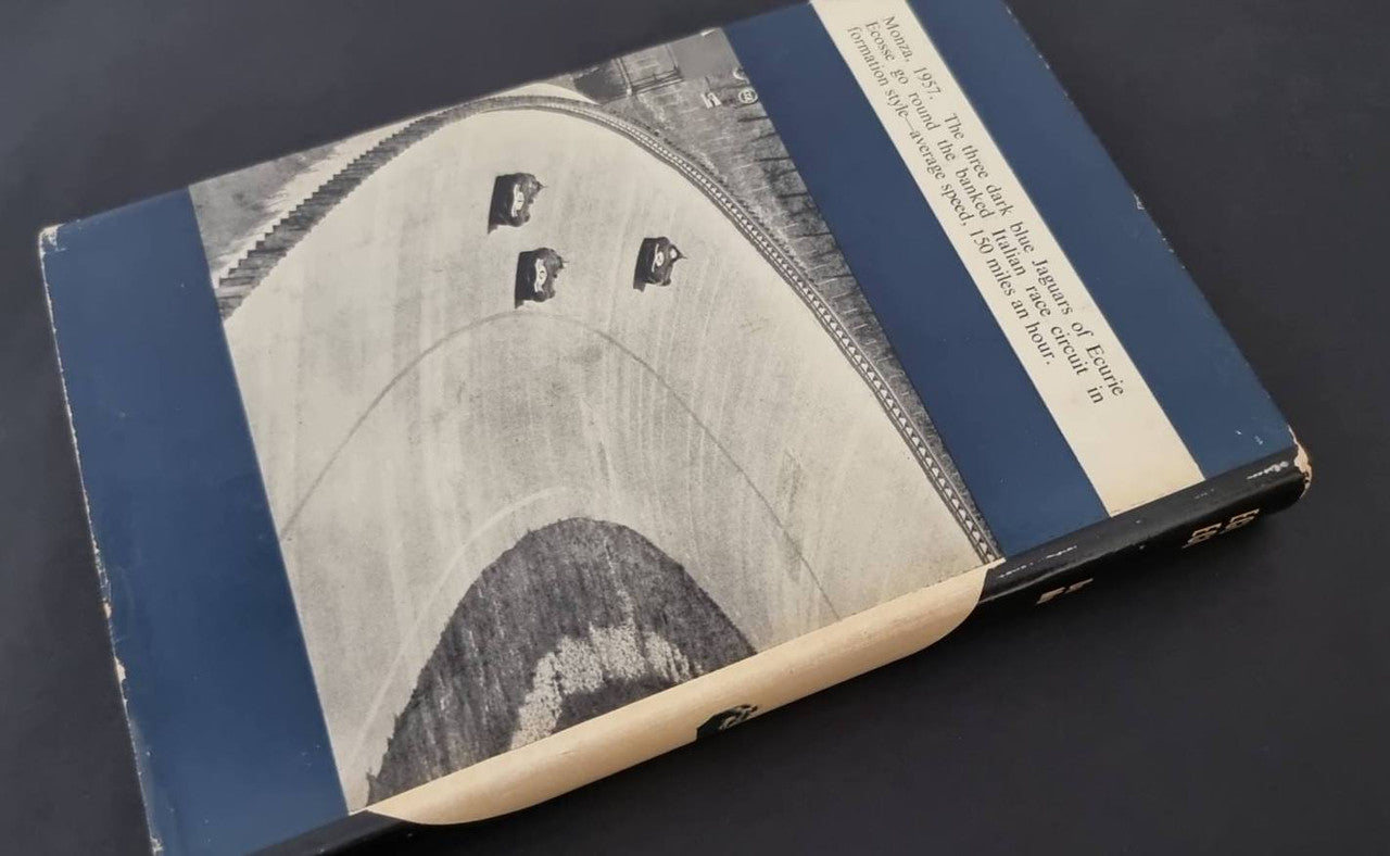 Ecurie Ecosse hardcover book closed with blue stripe and monochrome photo artwork