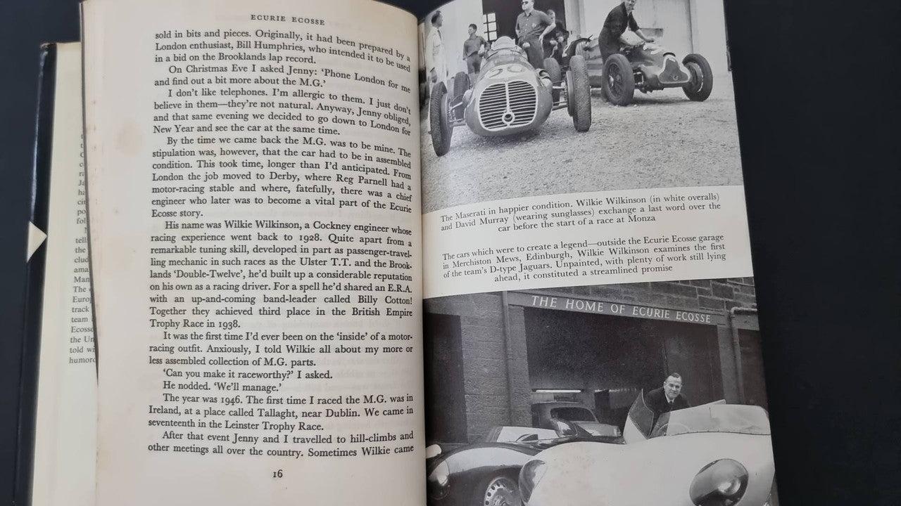 Open book spread with serif text and several black-and-white race photos.