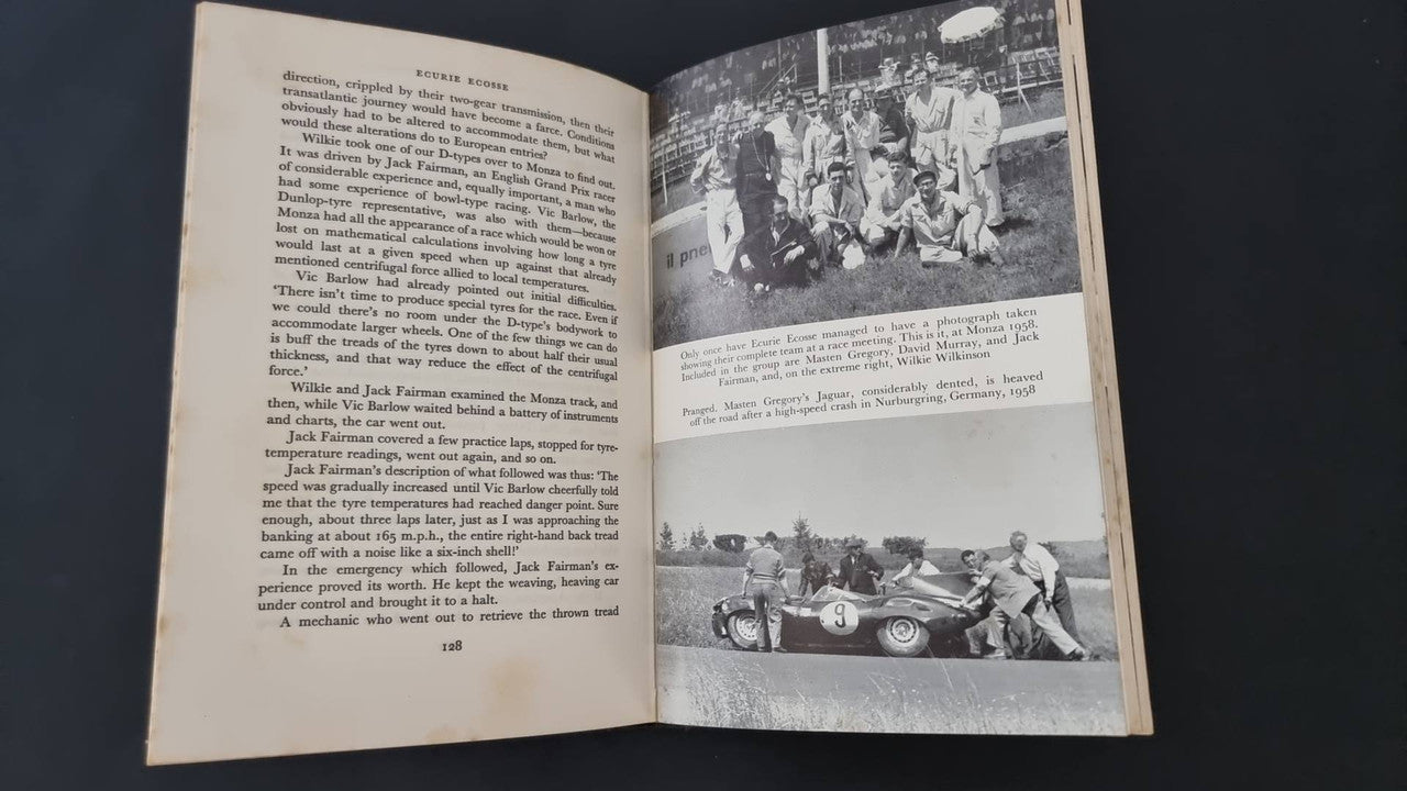 Open book spread with serif text and black-and-white images of racing scenes.