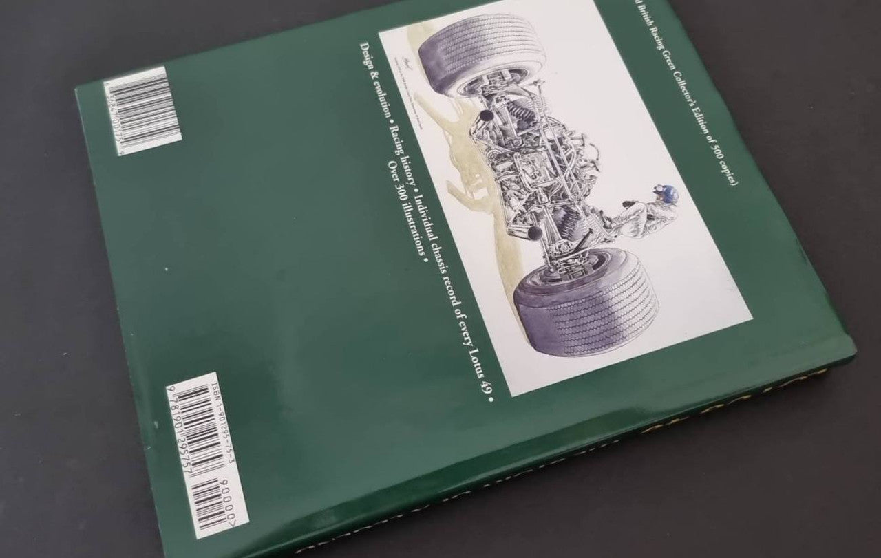 Lotus 49 book back cover with green layout and technical illustration
