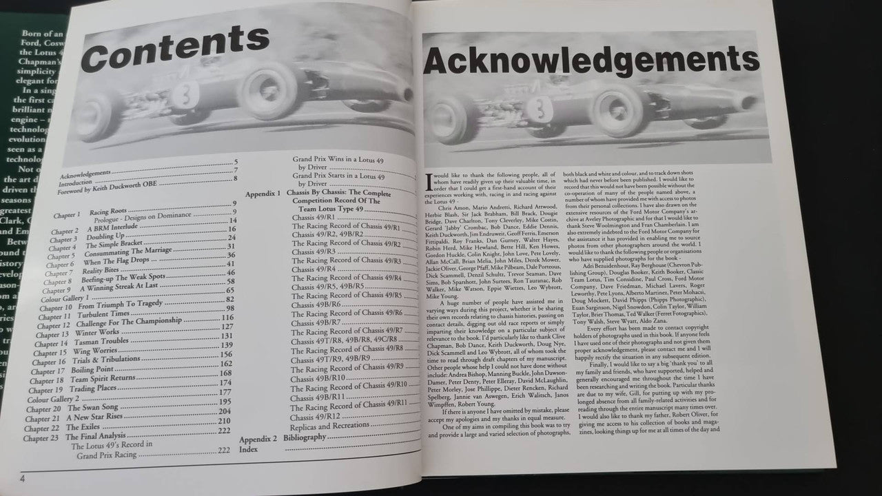 Open motorsport history book showing "Contents" and "Acknowledgements" sections