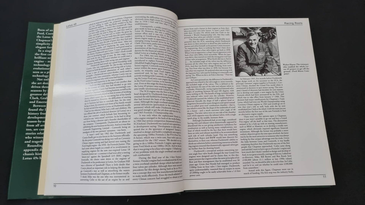 Open motorsport history book with inset portrait photo and blocks of text