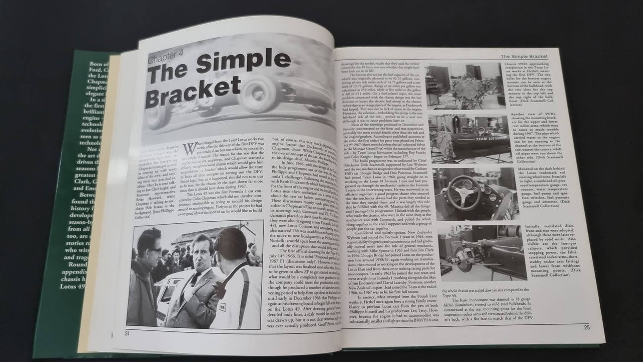 Opened Lotus 49 book page with 'The Simple Bracket' headline and two text columns