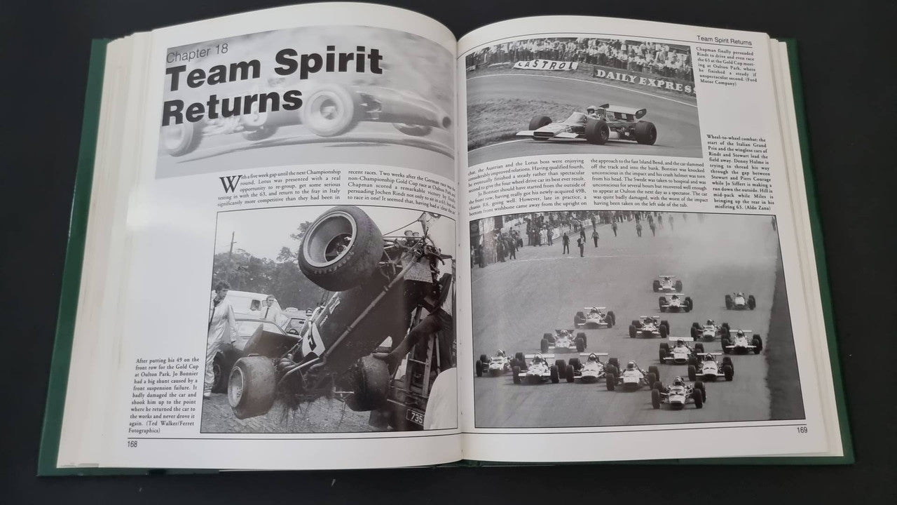Opened Lotus 49 book page spread titled 'Team Spirit Returns'