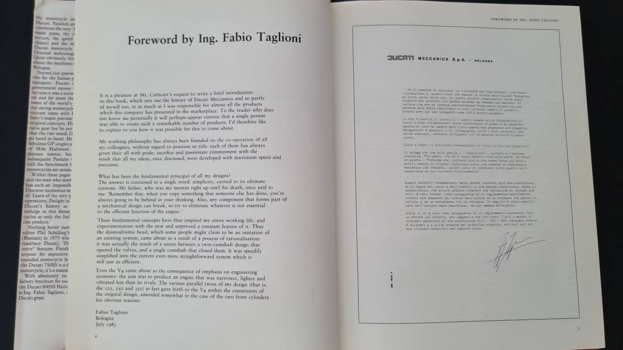 Motorcycle book open with Foreword by Fabio Taglioni and formal document page