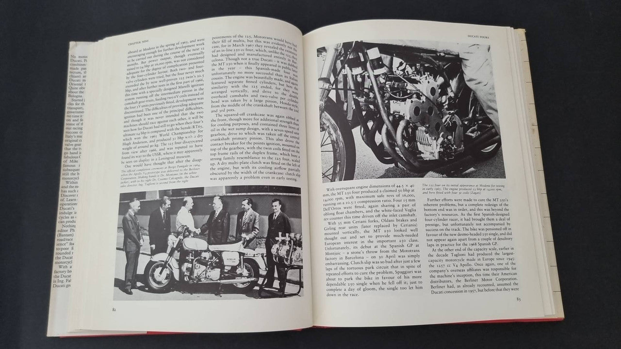 Open vintage book spread with dense text and black-and-white motorcycle photos