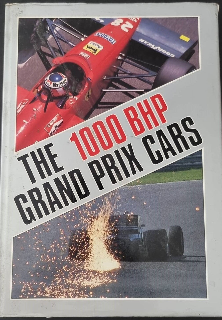 Motorsport book cover with red race car and title text '1000 BHP Grand Prix Cars'