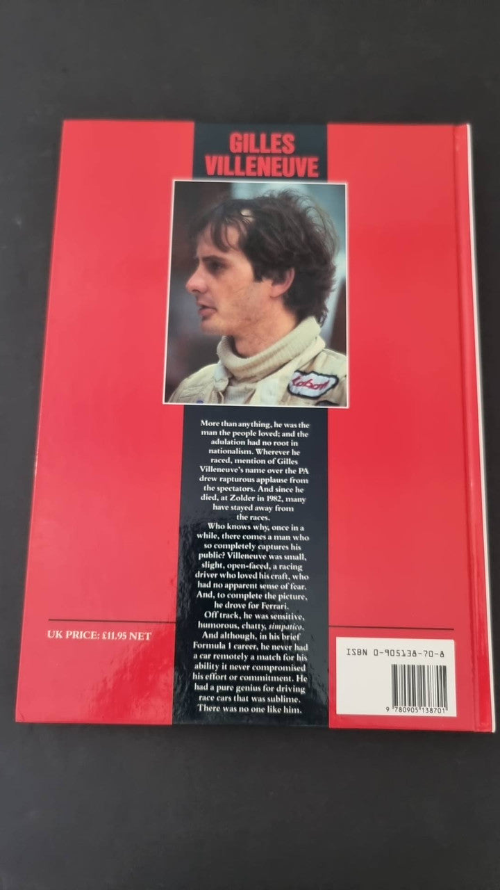 Gilles Villeneuve racing book, red back cover with portrait photo and barcode