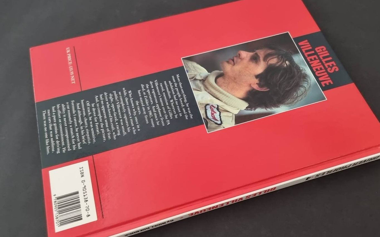 Gilles Villeneuve racing book, red back cover with photo inset and barcode
